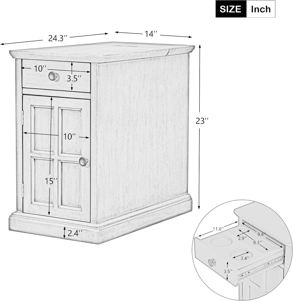 Traditional Wood End Table with Charging Station, Modern Vintage Sofa Chair Side Table Nightstand with Storage & Drawer for Living Room Bedroom, No Assembly, Antique Espresso