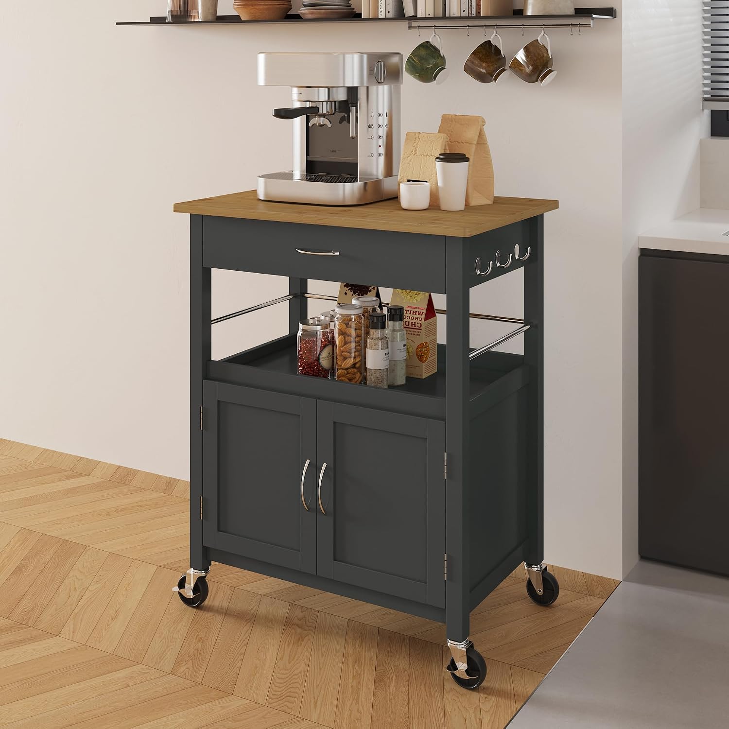 eHemco Kitchen Island Cart on Wheels, Gray Base, Natural Bamboo Top | Drawer, Storage Cabinet, Shelf, Butcher Block