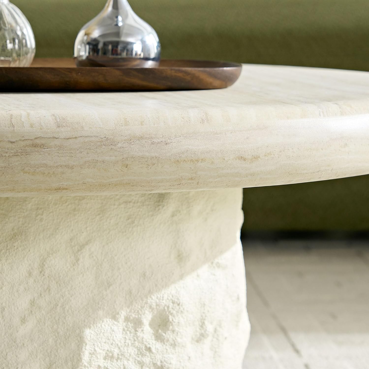 Coffee Table Set of 2, Round Fiberglass Imitation Stone Table Cement Rock Center Table witn Side Table for Living Room Apartment Office, 35.04'&15.75', No Need Assembly