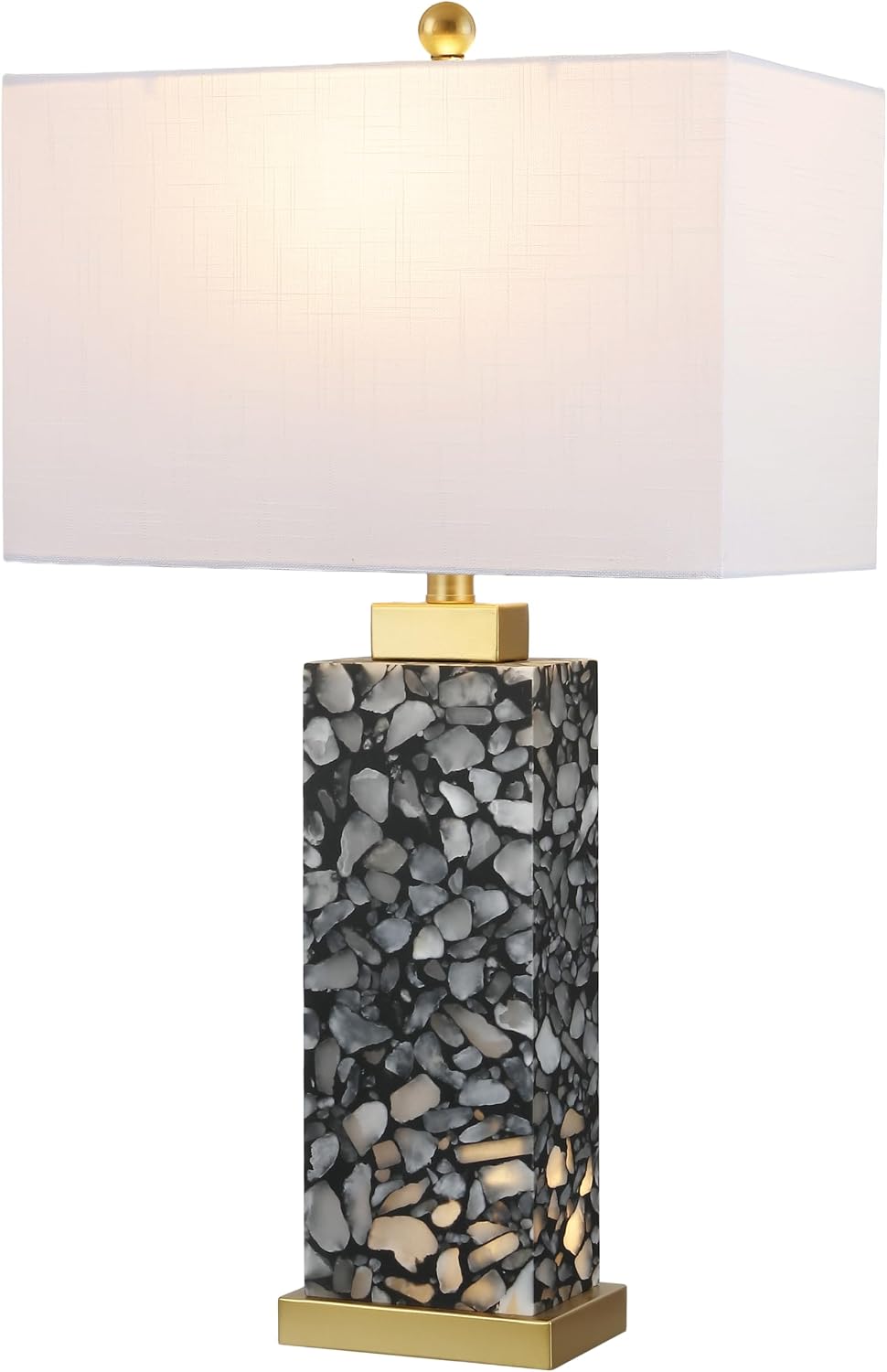 JONATHAN Y 27.5' Black Alabaster Gold Rectangular Table Lamp with Night Light Contemporary Coastal Bedside Lamp for Bedroom with White Linen Shade LED Bulbs Included JYL6201C