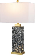 JONATHAN Y 27.5' Black Alabaster Gold Rectangular Table Lamp with Night Light Contemporary Coastal Bedside Lamp for Bedroom with White Linen Shade LED Bulbs Included JYL6201C
