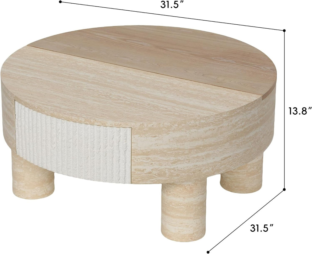 31.5' Round Coffee Table with Flip Top and Hidden Storage, Faux Marble Tabletop for Living Room, Modern Wooden Circle Center Table, Tea Table for Apartment, Office, Beige Mars Pattern