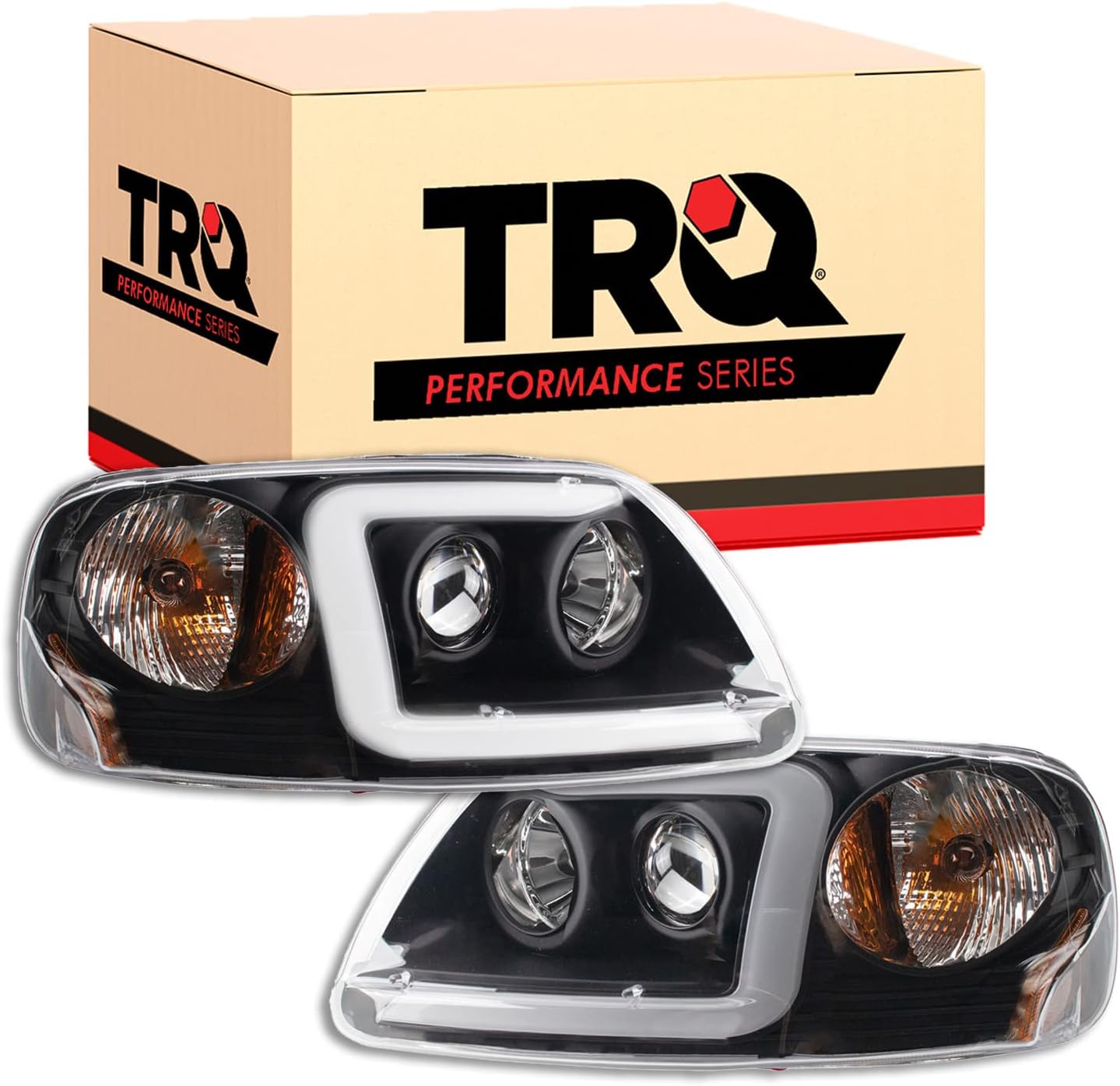 TRQ Performance Driver and Passenger Side Headlight Assembly Set Projector Black Housing Clear Lens Compatible with 97-03 Ford F-150 97-02 Ford Expedition 04 F-150 Heritage