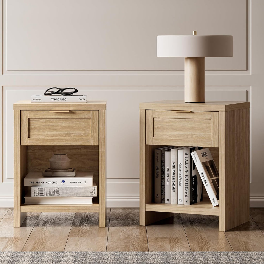 Walsham Natural Nightstand Set of 2 Boho Bedside Tables with Drawer and Storage Shelf Farmhouse Side End Tables for Bedroom Sofa, (Light Weathered Oak, 2 Set)