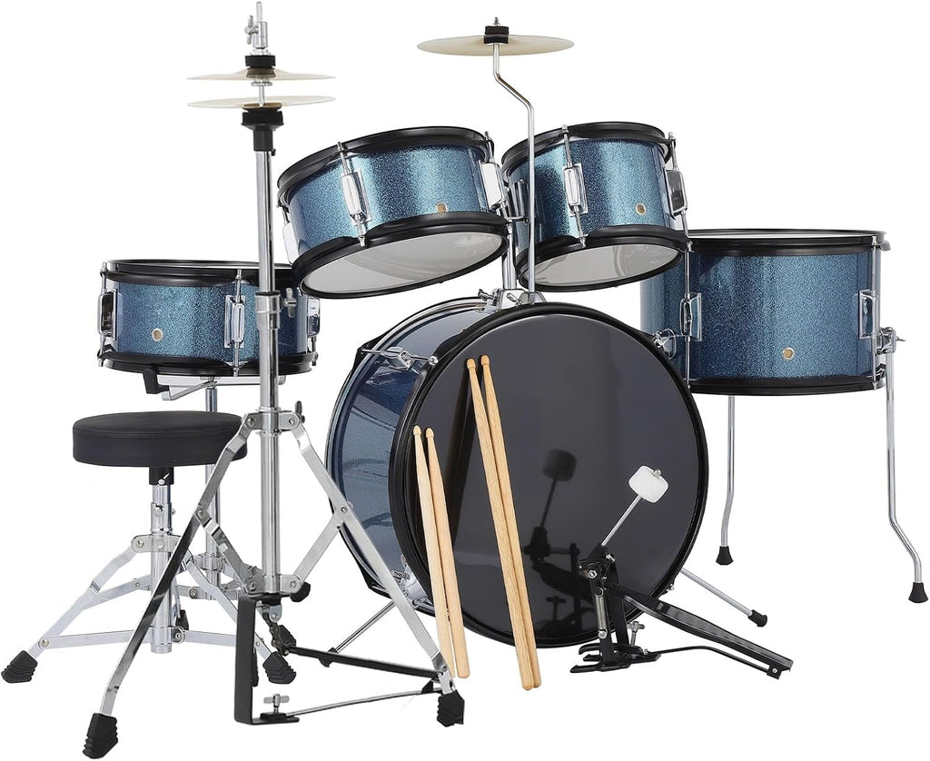 5-Piece 16 Inch Kids Drum Set, Junior Drum Kit with Bass Drum, Snare, 2 Toms, Cymbal, Hi-Hat, Throne Stool, Drumsticks & Pedals, Musical Gift for Beginner Students Ages 4+(Blue)