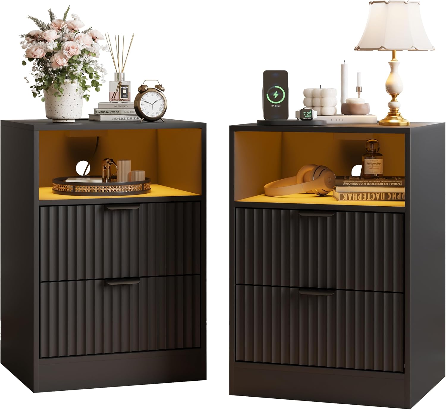 Black Night Stand Set 2, LED Nightstand with Charging Station,Wood Side Table Living Room,Fluted NightStands with 2 Drawers, End & Bedside Tables for Bedroom Sofa Office