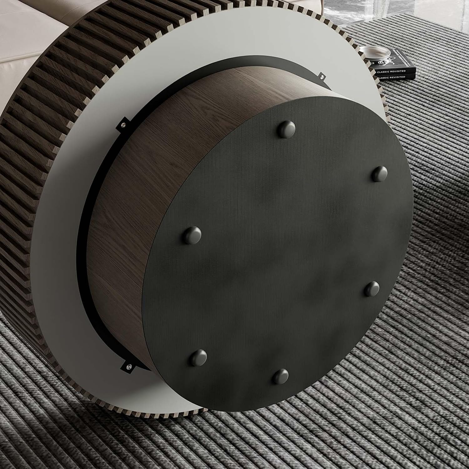 Round Coffee Table with Storage, Modern Wooden Coffee Table with Solid Wood Veneered, Circle Center Table Accent Tea Table for Living Room Apartment Small Space (31.5''L × 31.5''W × 14''H, Grey)