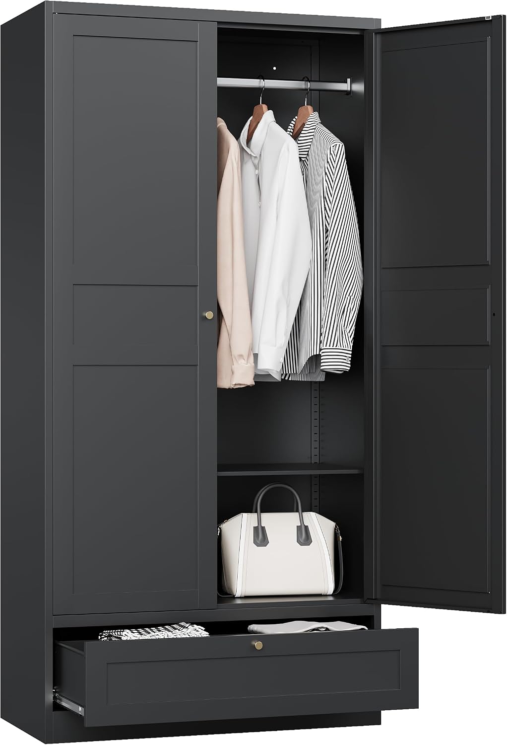 MIIIKO Wardrobe Closet with Drawer, 2 Doors Clothes Cabinet, 72' Metal Storage Cabinets with Hanging Rod and Shelf, Bedroom Armoires Laundry Room and Office Clothes Storage Organizer Cabinets