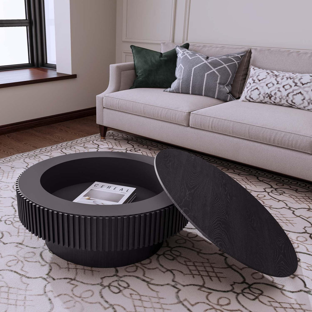 Round Coffee Table with Storage, Modern Wooden Coffee Table with Solid Wood Veneered, Circle Center Table Accent Tea Table for Living Room Apartment Small Space (31.5''L × 31.5''W × 14''H, Black)
