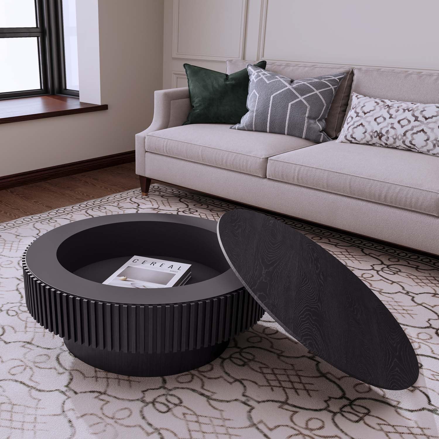 Round Coffee Table with Storage, Modern Wooden Coffee Table with Solid Wood Veneered, Circle Center Table Accent Tea Table for Living Room Apartment Small Space (31.5''L × 31.5''W × 14''H, Black)