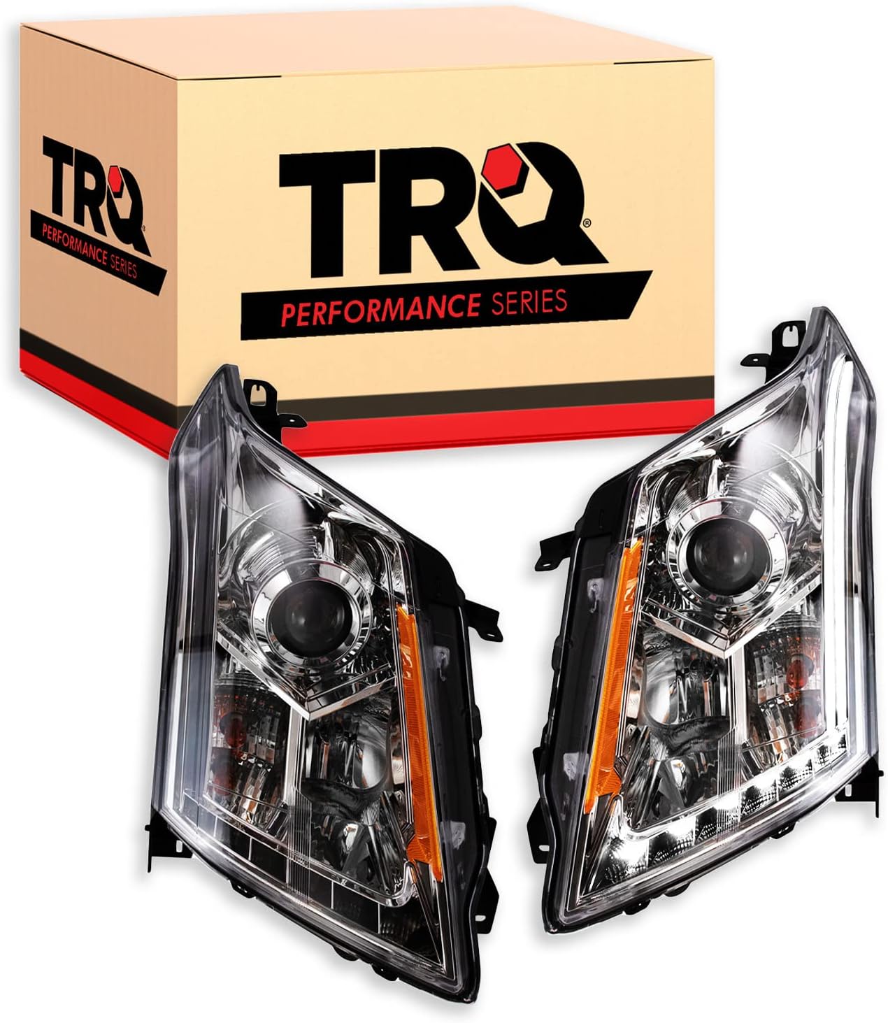 TRQ 2 Piece Headlight Assembly Set Performance Halogen LED Light Bar Chrome Bezel Driver & Passenger Side Compatible with Cadillac SRX 2010-2016 GM2502345 GM2503345 22853872 22853873