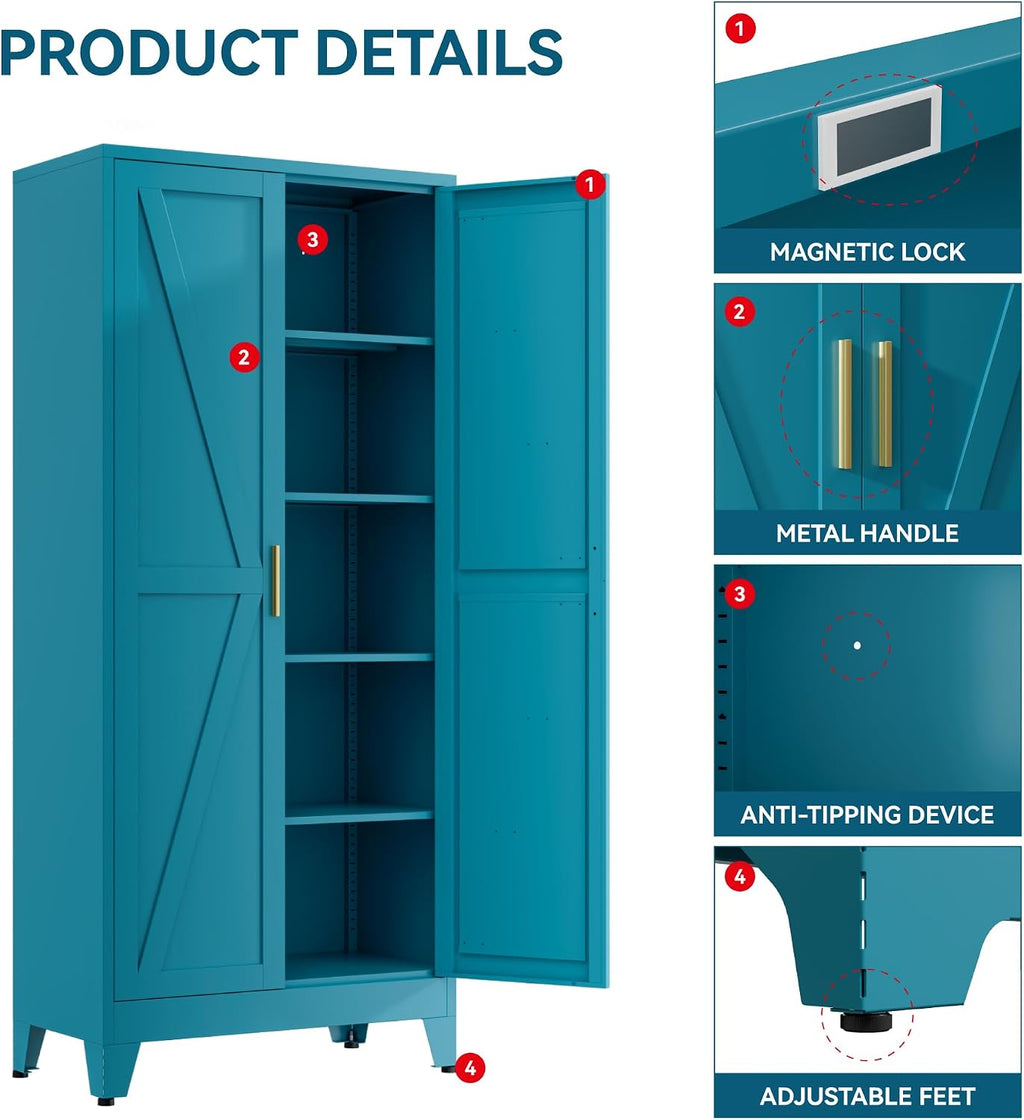 Farmhouse Pantry Cabinet with Barn Doors, 71' H x 31.5' W, 5-Tier Metal Storage Cabinet with 4 Adjustable Shelves for Kitchen Garage Dining Room,Blue 1 Pack