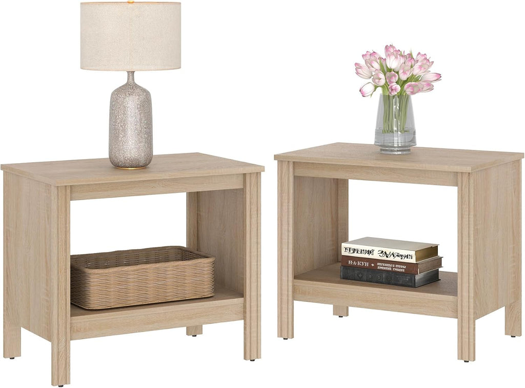 WAMPAT Nightstand Set of 2, Small Square End Tables for Living Room, 2-Tier Kids Bedside Table with Storage and Open Wood Shelf, 20 Inch Modern Side Table for Bedroom,Office,Oak