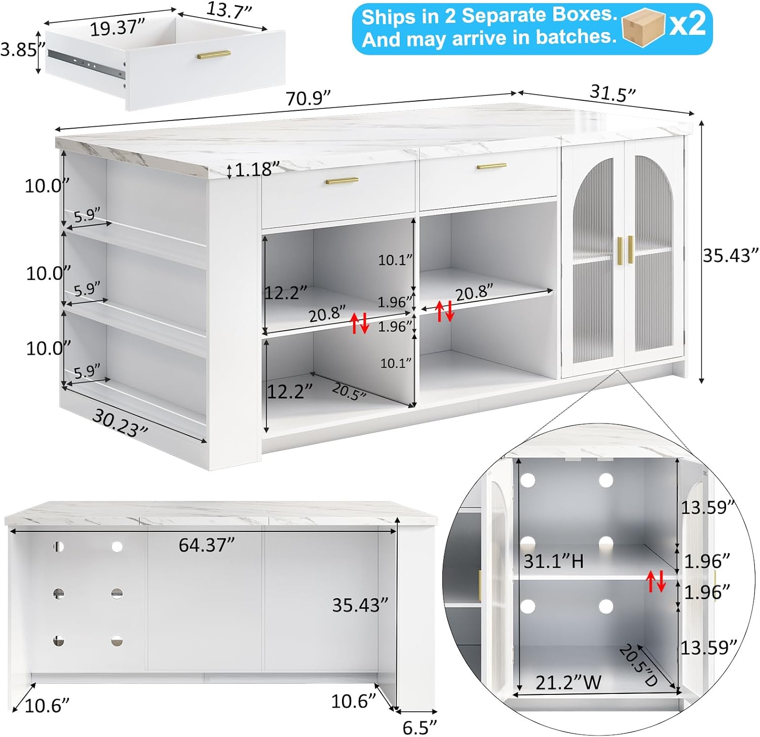 IBF 71' Large Kitchen Island with Storage, White Faux Marble Island table with Seating for 4-6, Stationary Island Cabinet with Drawers & Fridge Space, Modern Wood Counter Height Island Bar, Only Table