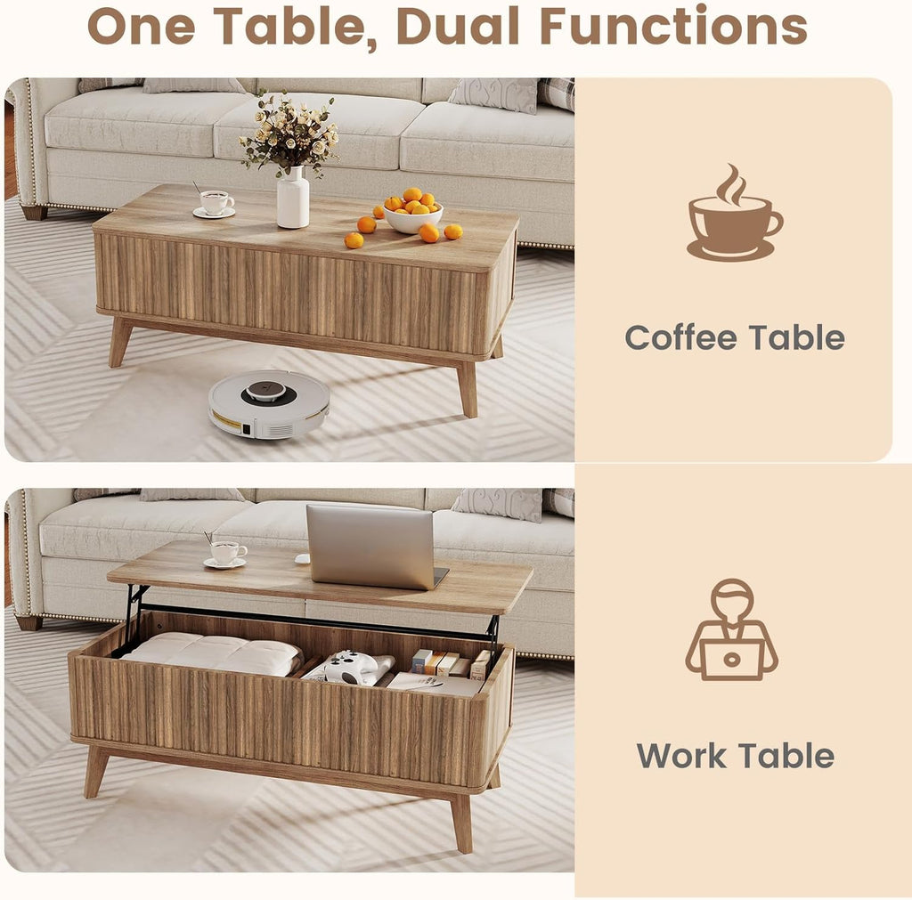 Giantex Lift Top Coffee Table with Storage, 43.5' Mid Century Modern Center Table with Solid Wood Leg & Hidden Compartment, Minimalist Fluted Living Room Table for Home Office, Oak