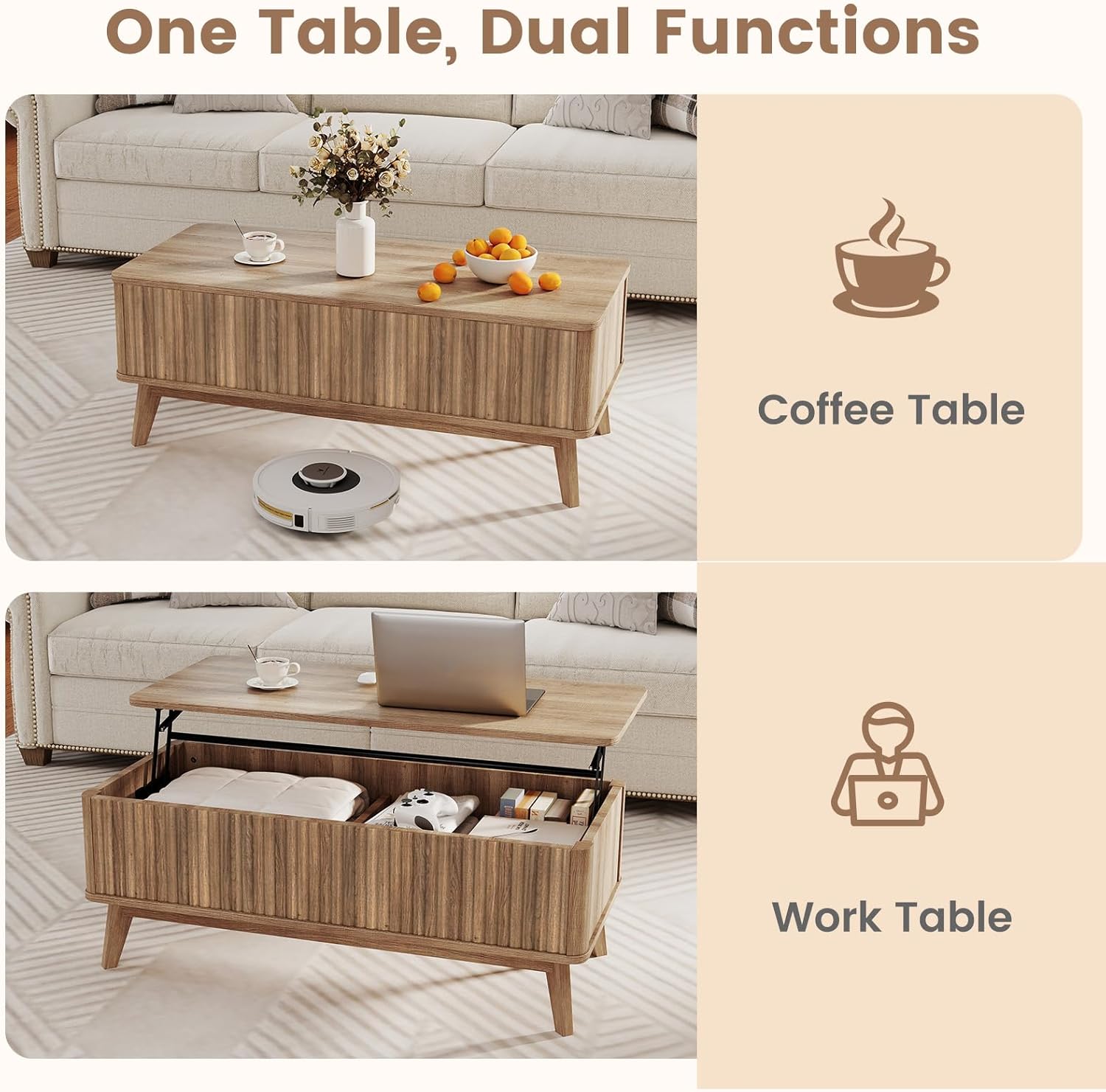 Giantex Lift Top Coffee Table with Storage, 43.5' Mid Century Modern Center Table with Solid Wood Leg & Hidden Compartment, Minimalist Fluted Living Room Table for Home Office, Oak