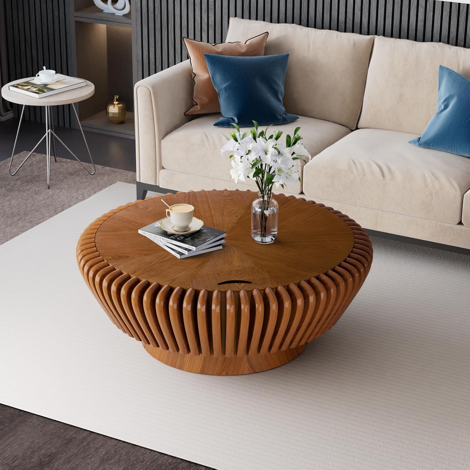 Round Coffee Table with Storage, Mid Century Modern Drum Coffee Table for Living Room, Fluted Circle Center Table with Sturdy Pedestal, Accent Tea Table for Apartment (35.4' Brown with Storage)