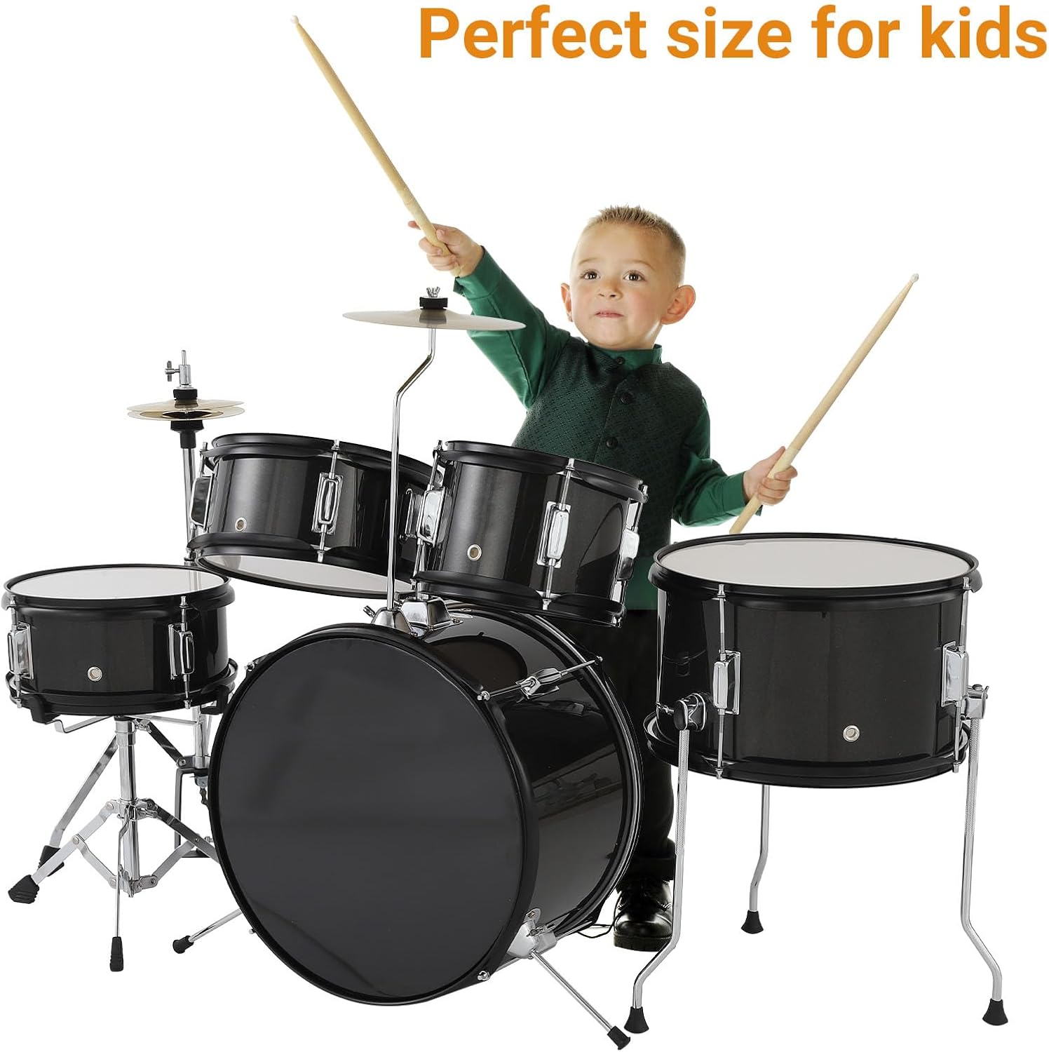 5-Piece 16 Inch Kids Drum Set, Junior Drum Kit with Bass Drum, Snare, 2 Toms, Cymbal, Hi-Hat, Throne Stool, Drumsticks & Pedals, Musical Gift for Beginner Students Ages 4+(Black)