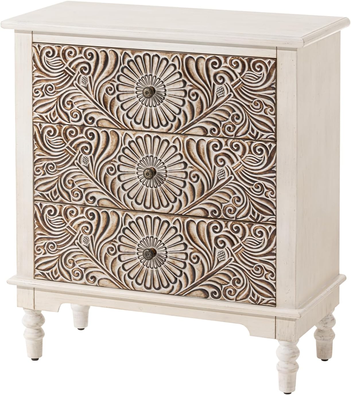 COSIEST 3 Drawers Accent Dresser, Vintage Small Accent Chest with 4 Wood Legs, Free-Standing Buffet Server Nightstand End Table for Bedroom, Living Room, Entryway