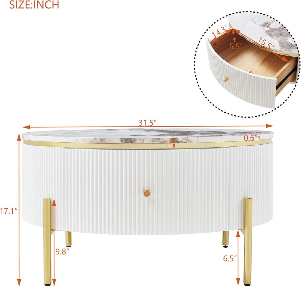 Merax 31.5'' Round Wood Coffee Table, with 2 Large Drawers Storage, Modern Marble Top, with Gold Metal Legs Center Tables for Living Room Apartment, Off White