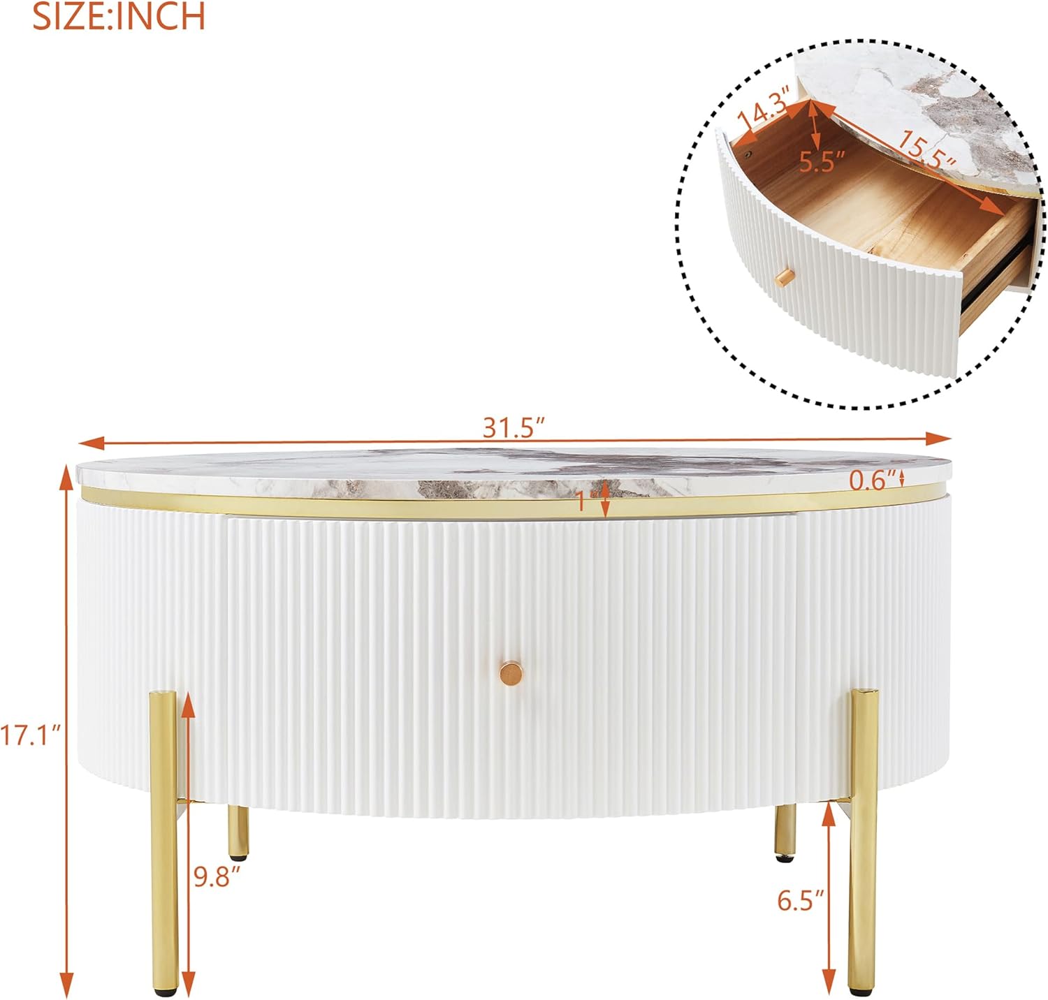 Merax 31.5'' Round Wood Coffee Table, with 2 Large Drawers Storage, Modern Marble Top, with Gold Metal Legs Center Tables for Living Room Apartment, Off White