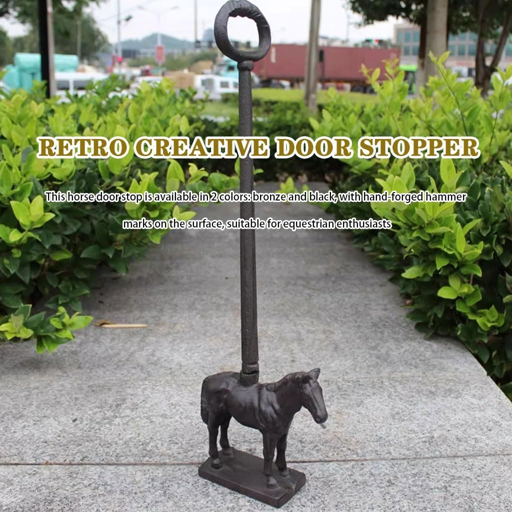 Horse Shaped Decorative Door Stopper, Windproof Cast Iron Door Wedge with Handle, Vintage Animal Statue, Birthday Gift(Black Color)