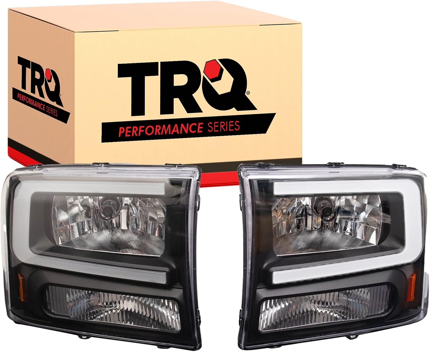 TRQ 2 Piece Headlight Assembly Set Performance Halogen LED C Light Bar Black Bezel Driver & Passenger Side Compatible with Ford Excursion 2000-2004 F250 F350 Super Duty 1999-2004 FO2502147 FO2503147