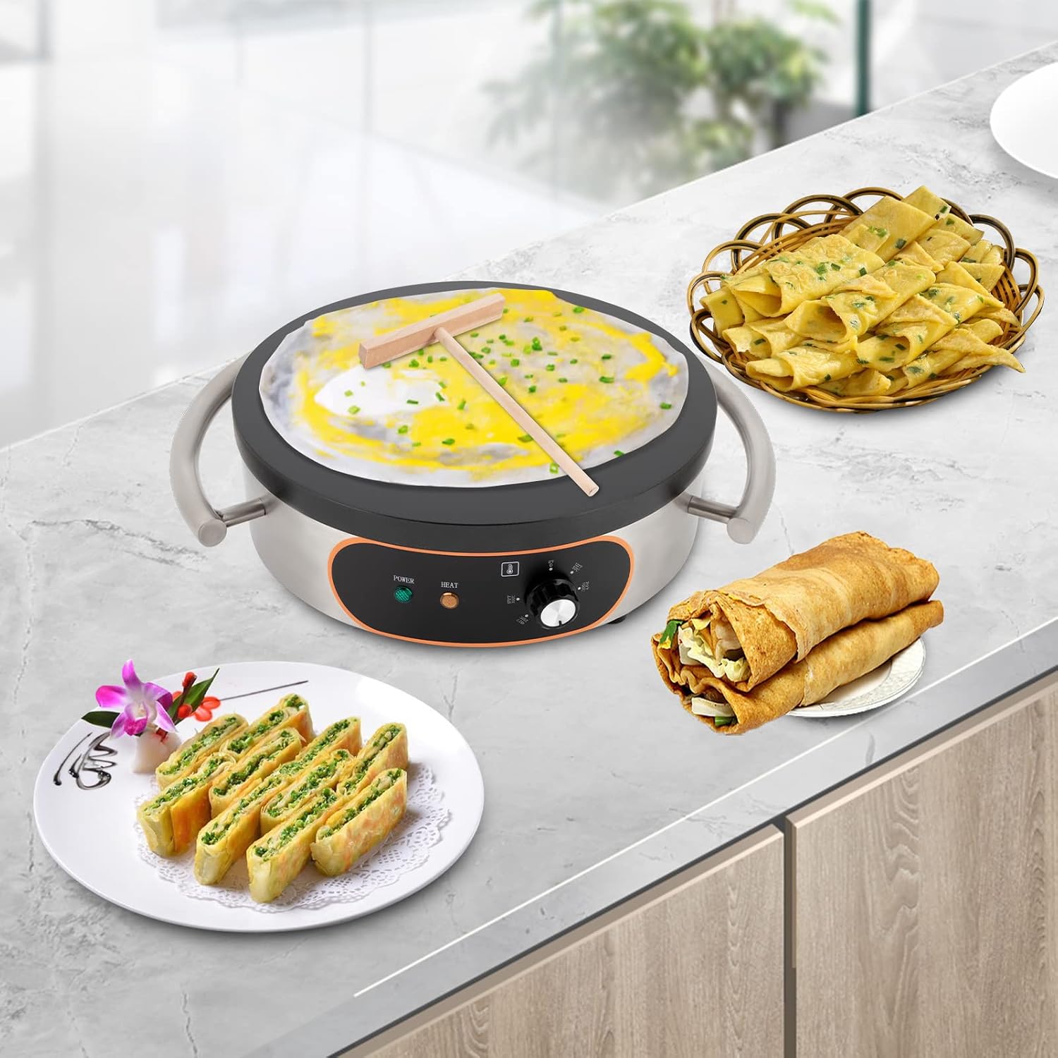 16' Commercial Crepe Maker 1500W Electric Crepe Machine with Non-Stick Coating 122°F-572°F Temperature Control Pancake Flat Skillet for Crepes, Pancakes