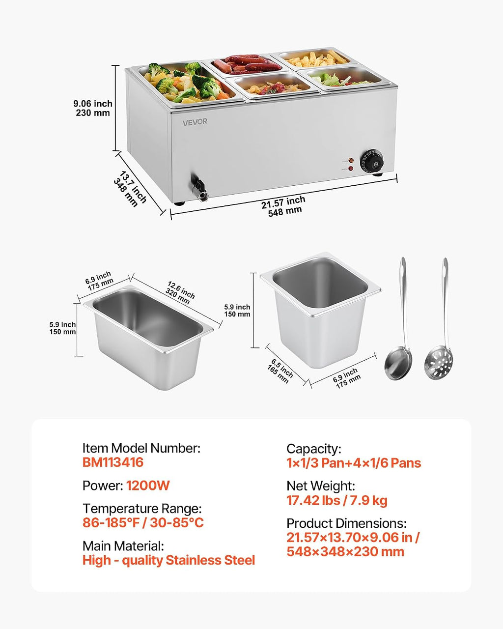 VEVOR 24QT Commercial Food Warmer, 5-Pan Electric Steam Table, 1200W Professional Countertop Stainless Steel Buffet Bain Marie with 86-185°F Temp Control for Catering, Buffet, Parties, Restaurants
