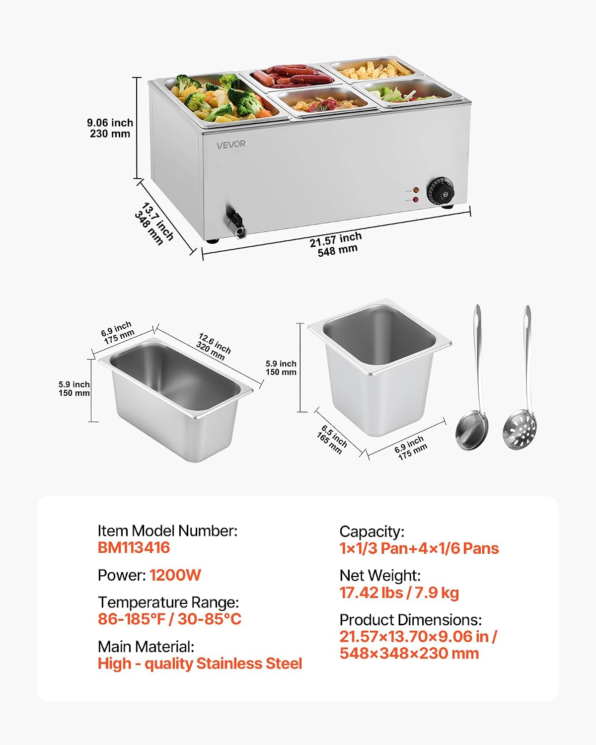 VEVOR 24QT Commercial Food Warmer, 5-Pan Electric Steam Table, 1200W Professional Countertop Stainless Steel Buffet Bain Marie with 86-185°F Temp Control for Catering, Buffet, Parties, Restaurants