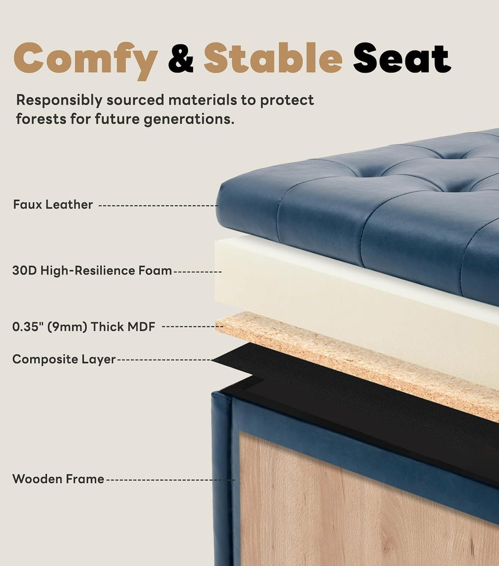 Tbfit Large Square Storage Ottoman Bench, Tufted Upholstered Coffee Table Ottoman with Lift Top & Wooden Legs, Oversized Storage Ottomans Toy Box for Living Room (Blue PU)