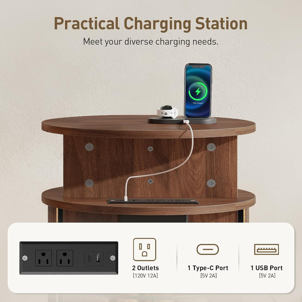 RALGEND Round Fluted End Tables Set of 2, Round End Table with Charging Station, Fluted Sofa Side Table with Sliding Tambour Door and Storage, Mid-Century Nightstand for Living Room, Bedroom, Walnut