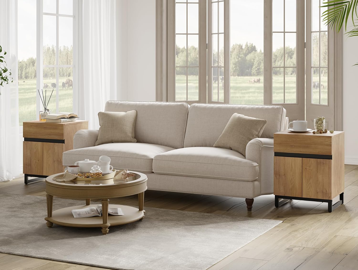 WAMPAT 2 Pack Modern End Table with 1 Drawer & 1 Storage Cabinet, Farmhouse Sofa Side Table, Wood Rustic Nightstand for Living Room and Bedroom, Oak, 18.9''L x 15.5''W x 23.6''H