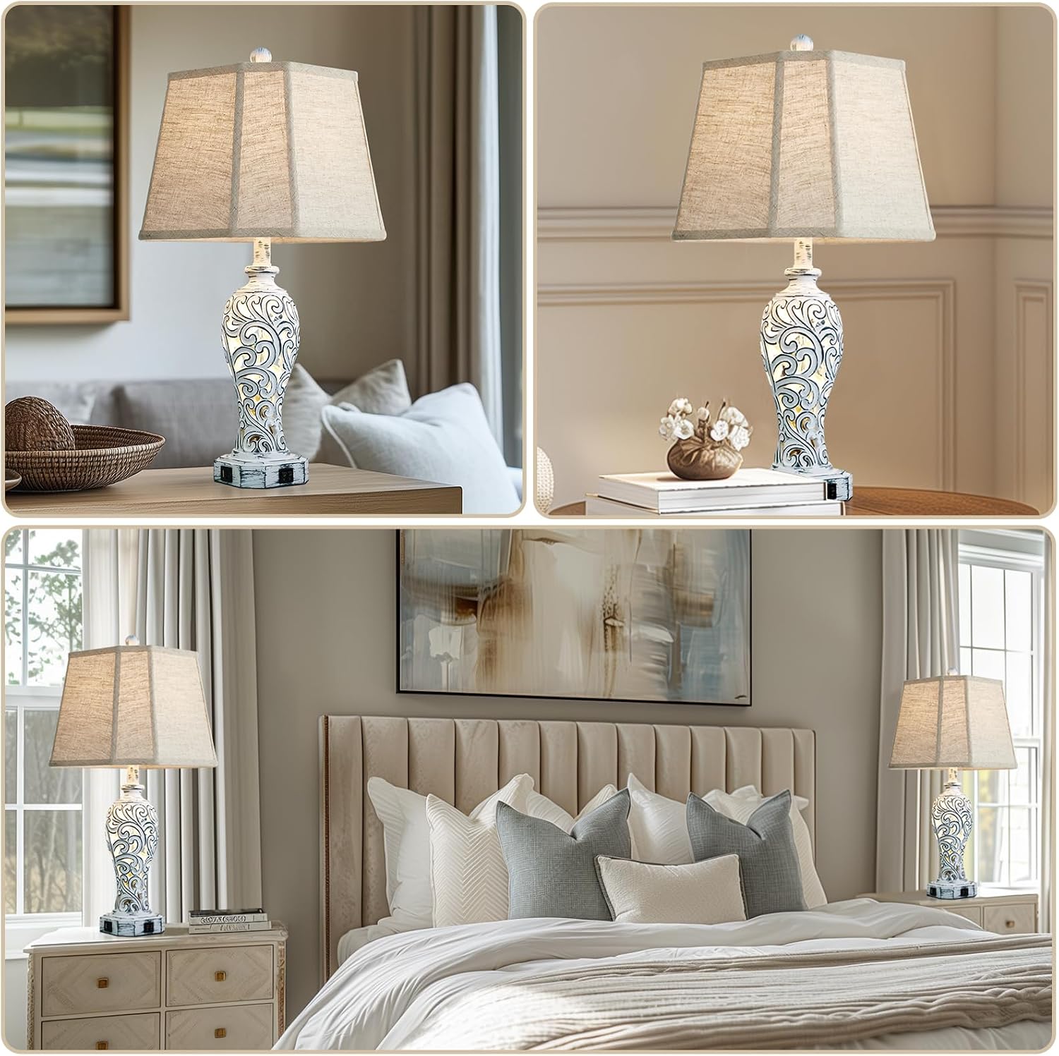 25'' Farmhouse Table Lamps Set of 2 for Living Room Bedroom, 2 USB Ports Rustic Vintage Nightstand Table Lamp with Nightlight, Hollow Out Resin Lamp for End Table (Bulbs Included)