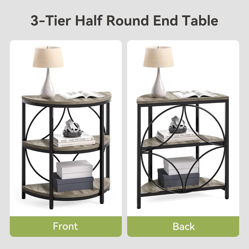 LITTLE TREE Small Half-Round Side Table Set of 2, 3-Tier Grey Wooden Accent Table for Living Room, Bedroom, Sofa