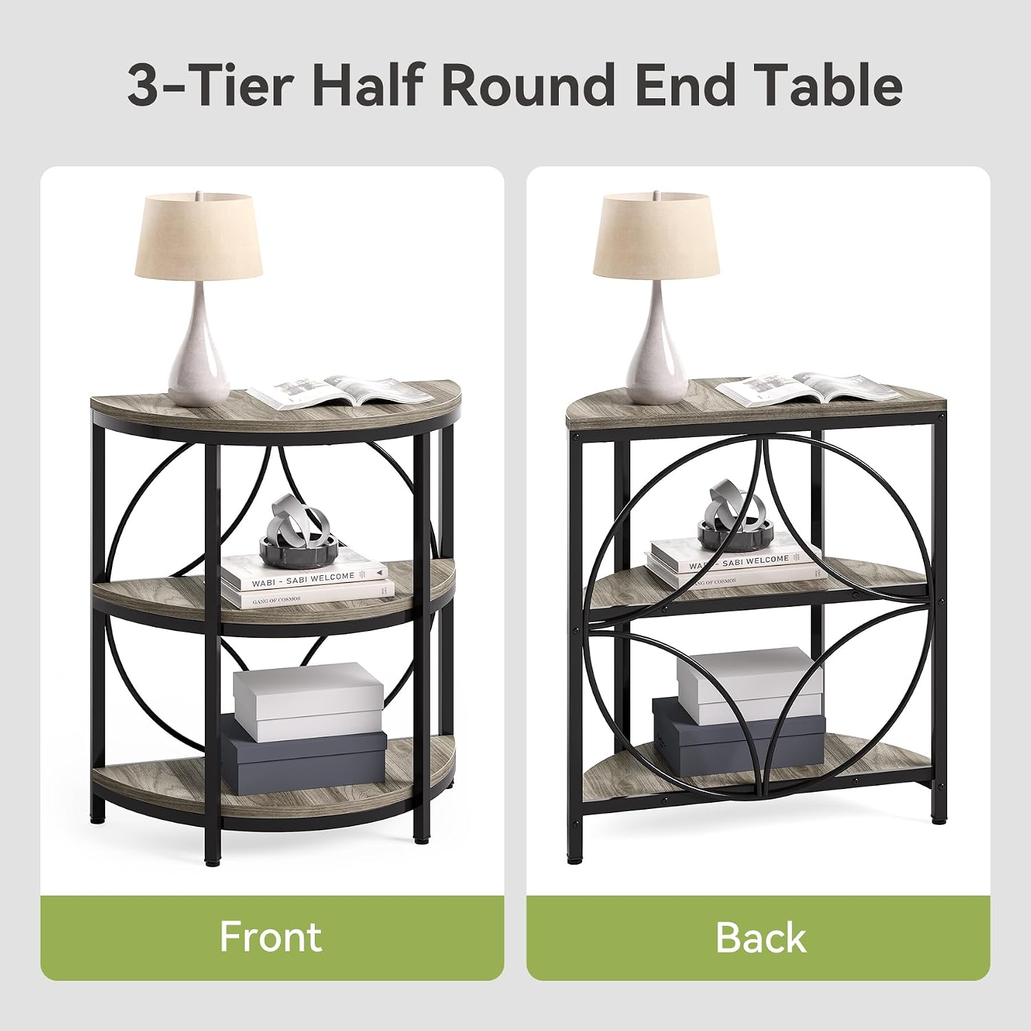 LITTLE TREE Small Half-Round Side Table Set of 2, 3-Tier Grey Wooden Accent Table for Living Room, Bedroom, Sofa