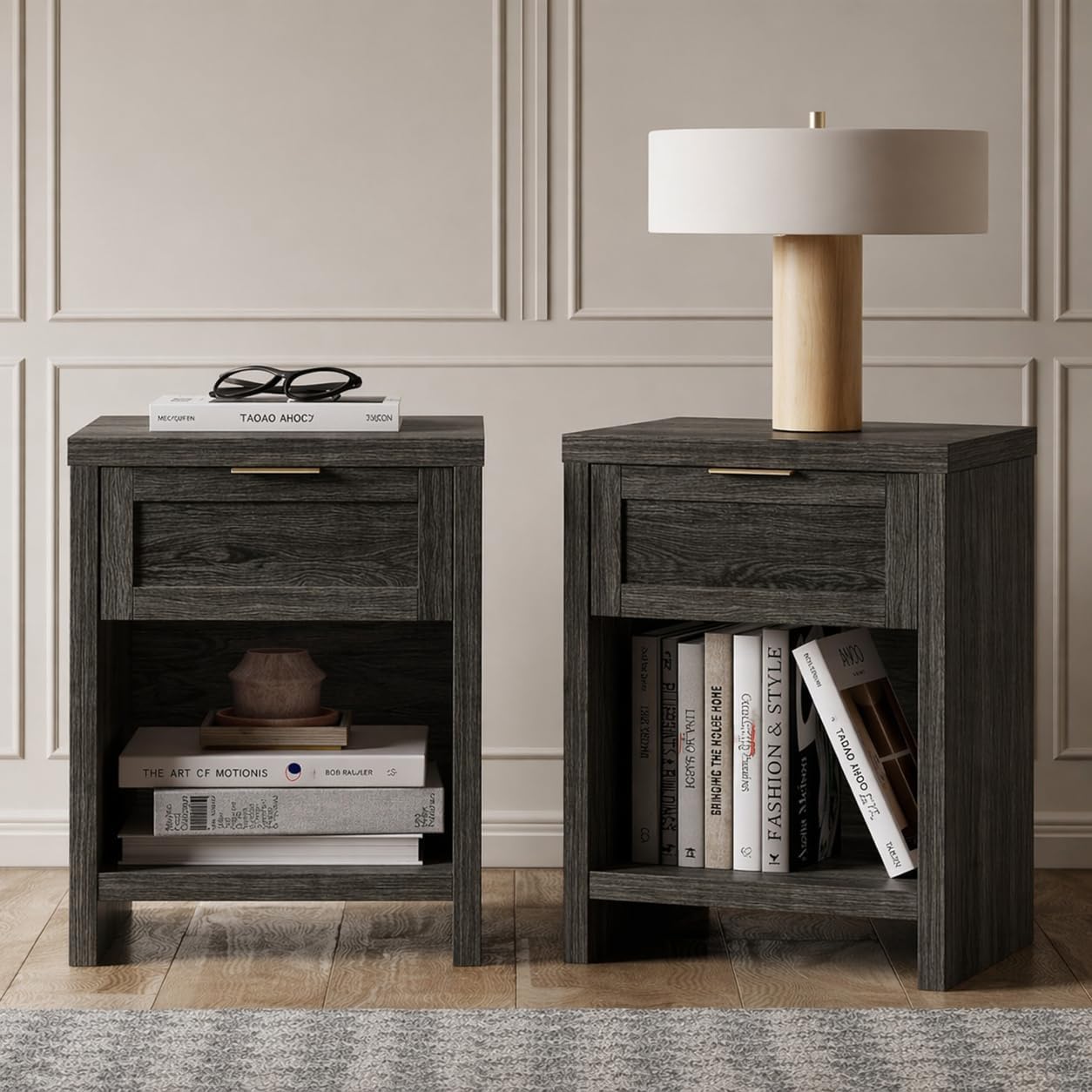 Walsham Natural Nightstand Set of 2 Modern Bedside Tables with Drawer and Storage Shelf Farmhouse Side End Tables for Bedroom Sofa, (Black Oak, 2 Set)