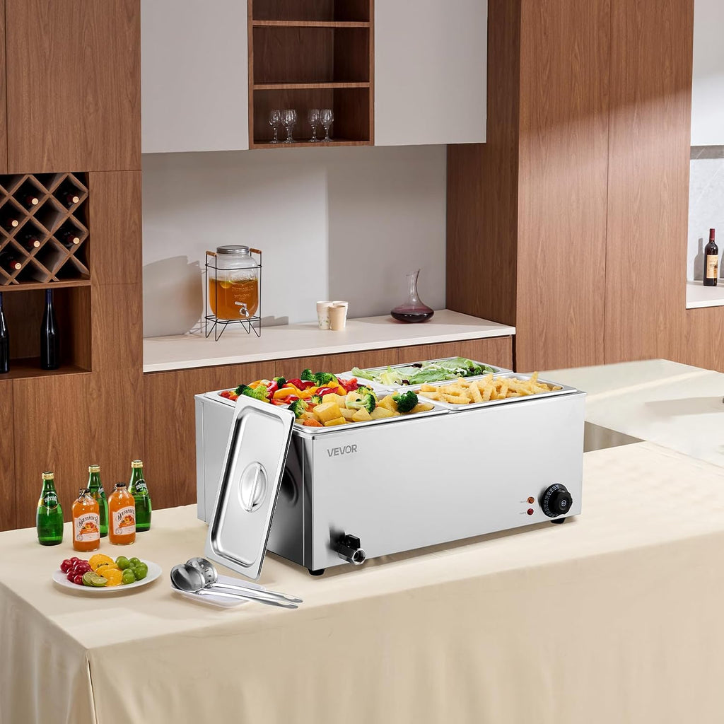 VEVOR 4-Pan Commercial Food Warmer, 24QT Electric Steam Table, 1200W Professional Countertop Stainless Steel Buffet Bain Marie with 86-185°F Temp Control for Catering and Restaurants, Silver