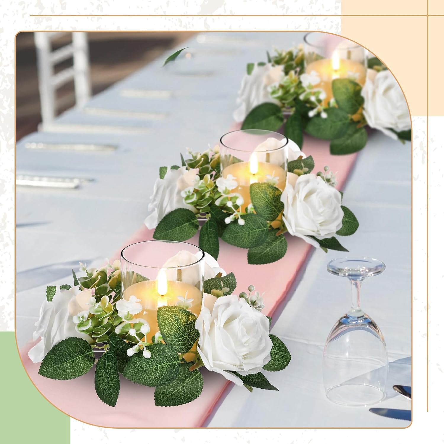 Yunlly 32 Pcs Rose Candle Rings with Flameless Candles Sets, Artificial Flower Eucalyptus Wedding Centerpiece 3 Inch Pillar Candleholders Wreaths for Wedding Party Mother's Day (White)