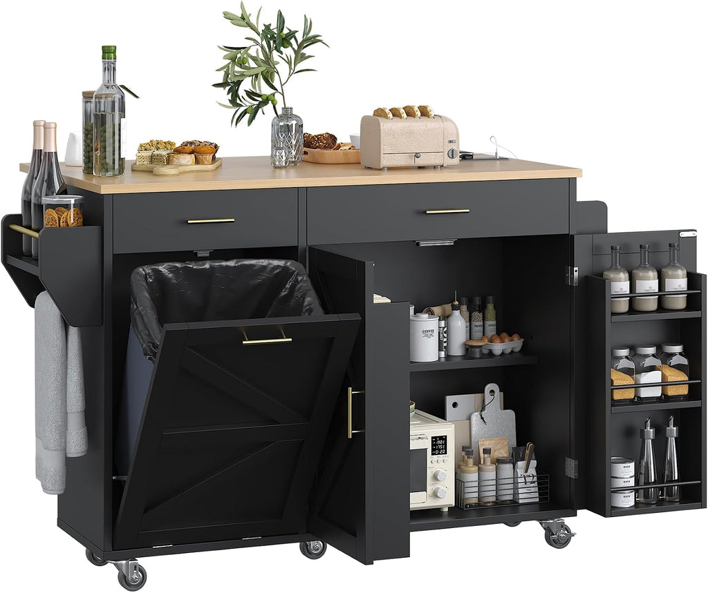 VVFLU 51.8' Kitchen Island Cart with Trash Can Storage, Kitchen Island on Wheels with Power Outlet & Drop Leaf, Rolling Kitchen Cart with Towel Rack & Spice Rack, Mobile Islands Table for Kitchen