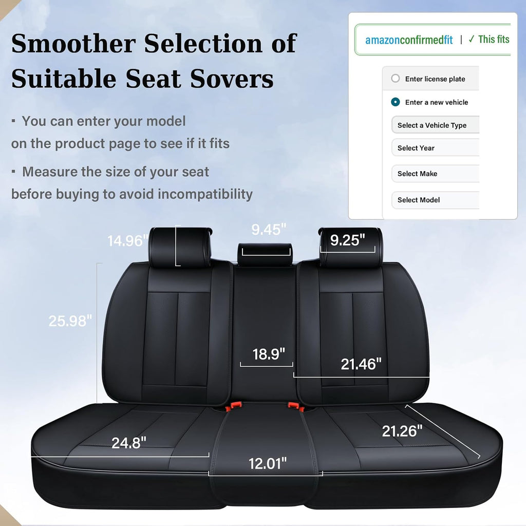 Coverado Dog Car Seat Cover for Back Seat Cover, Black Rear Car Seat Covers, 3-Pieces Waterproof Car Seat Cushion, Car Seat Protector, Leather Seat Cover Seat Protector Universal Fit Most Cars