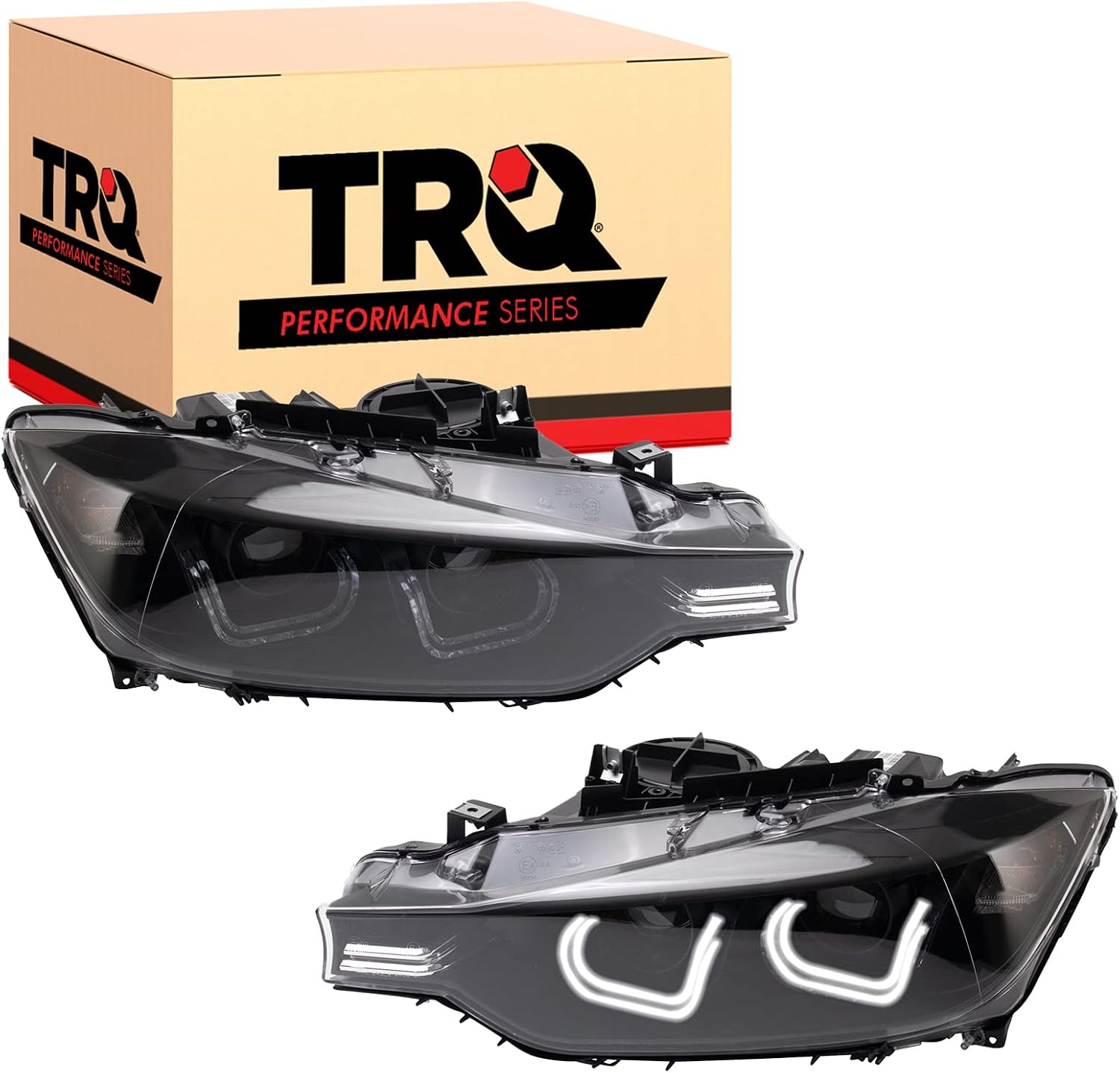 TRQ Performance Driver and Passenger Side Headlight Assembly Set Black Housing Compatible with 12-13 BMW 328i Sedan 14-15 BMW 328i 12-13 335i Sedan 14-15 335i Halogen Only