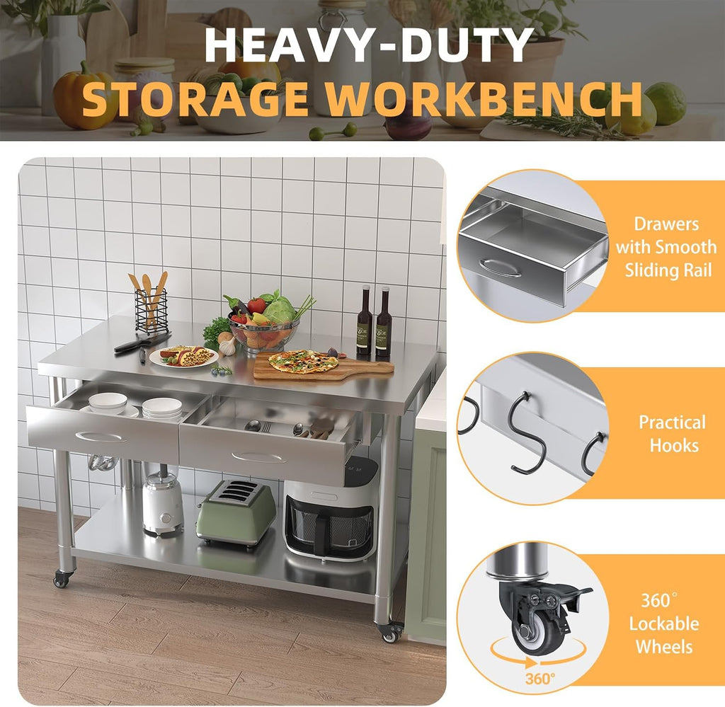 Stainless Steel Work Table with Drawers, 48'x24' Prep Table for Commercial Kitchen, Heavy-Duty Workbench Worktable Rolling Kictchen Island with Wheels for Home Kitchen and Restaurant