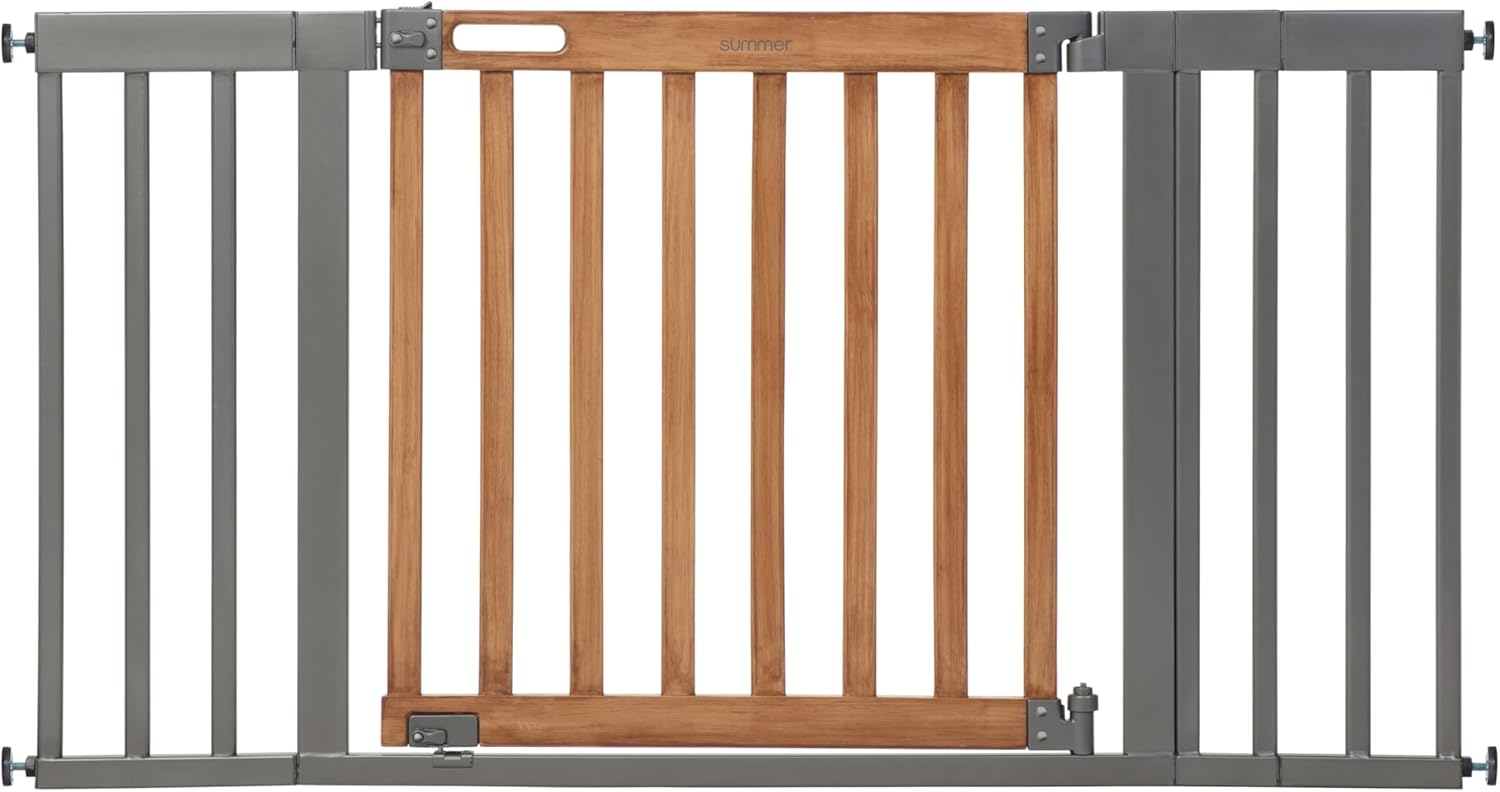 Summer Infant West End Extra Wide Safety Pet and Baby Gate, 36'-60' Wide, 30' Tall, Pressure or Hardware Mounted, Install Wall to Wall in Doorway, Auto Close Walk-Thru Door - Oak Wood and Metal