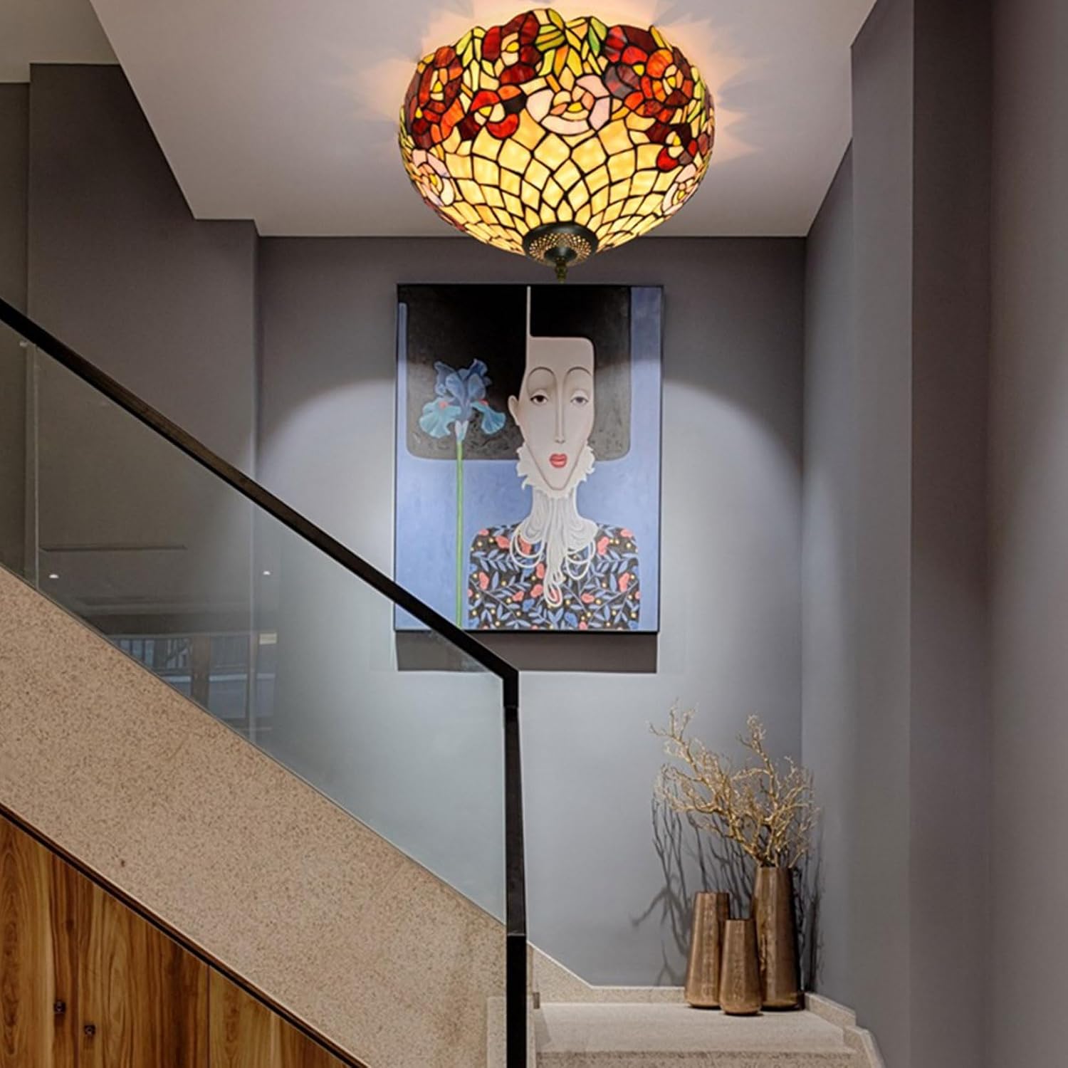 16 Inch Tiffany Stained Glass Single Lampshade Colored Rose Table Lamp Shade Pendant Hanging Light Fixture Ceiling Lamp Floor lamp Replacement Shade Red Blue Flower Green Leaves