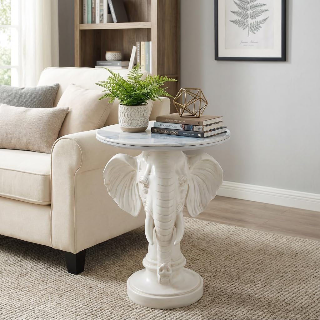 Modern Accent Table with Elephant Ornament Base, Minimalist Faux Marble End Table for Living Room Reception Area & Bedroom, 19.69 Inches Wide × 25.98 Inches High