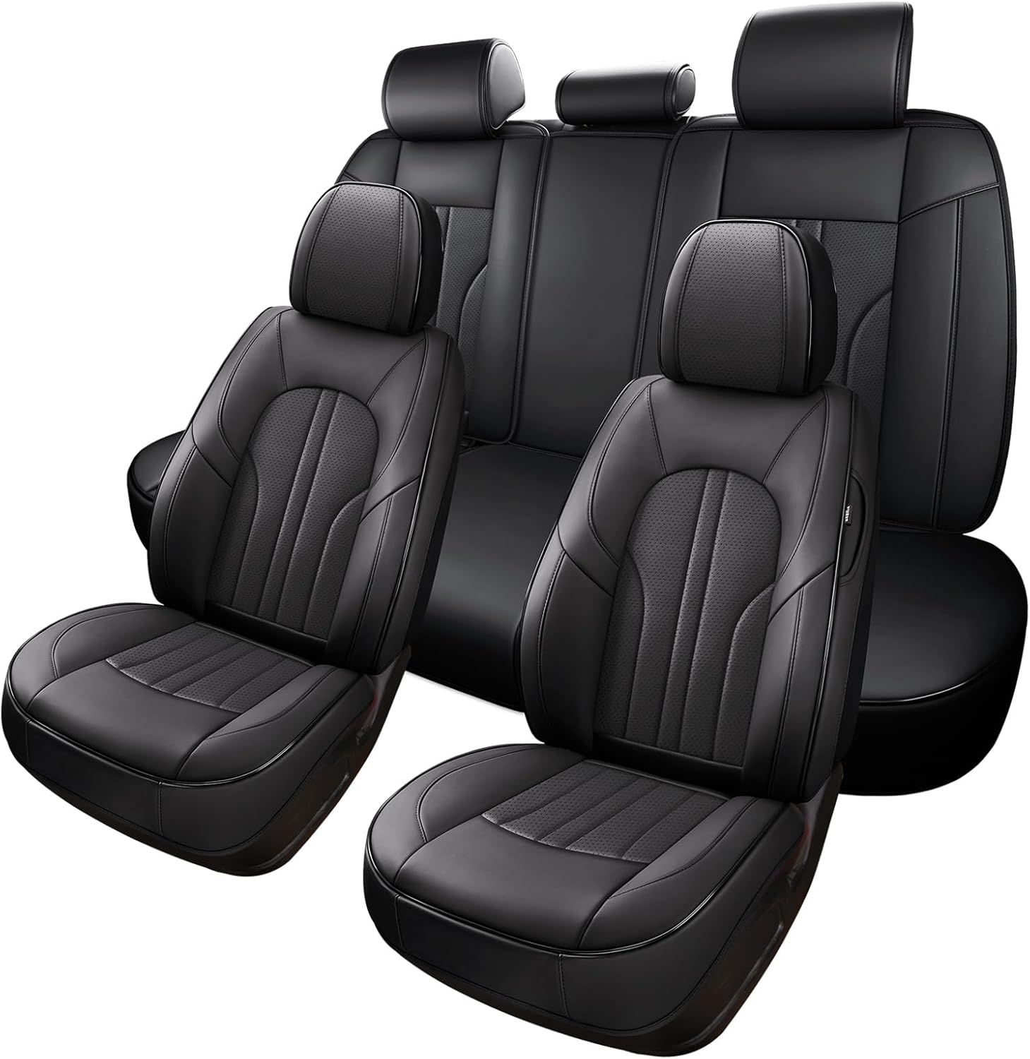 MINGBRON Car Seat Cover Full Set, Leather Car Seat Cover, Waterproof Seat Covers, Car Seat Cushion, Nappa Leather Seat Covers Car Seat Protector Universal Fit Most Cars Black