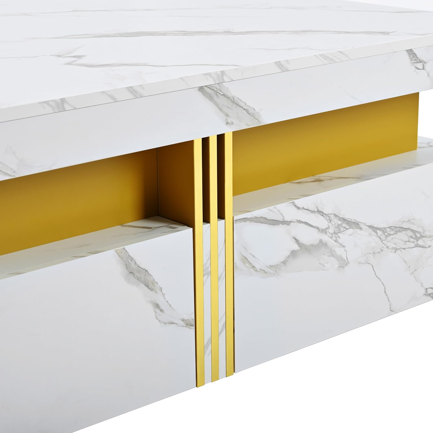 Merax 43.3' Modern Square Storage Coffee Table with 4 Drawers, with Marbling Gold Accents, Functional Center Tables for Living Room Apartment, White