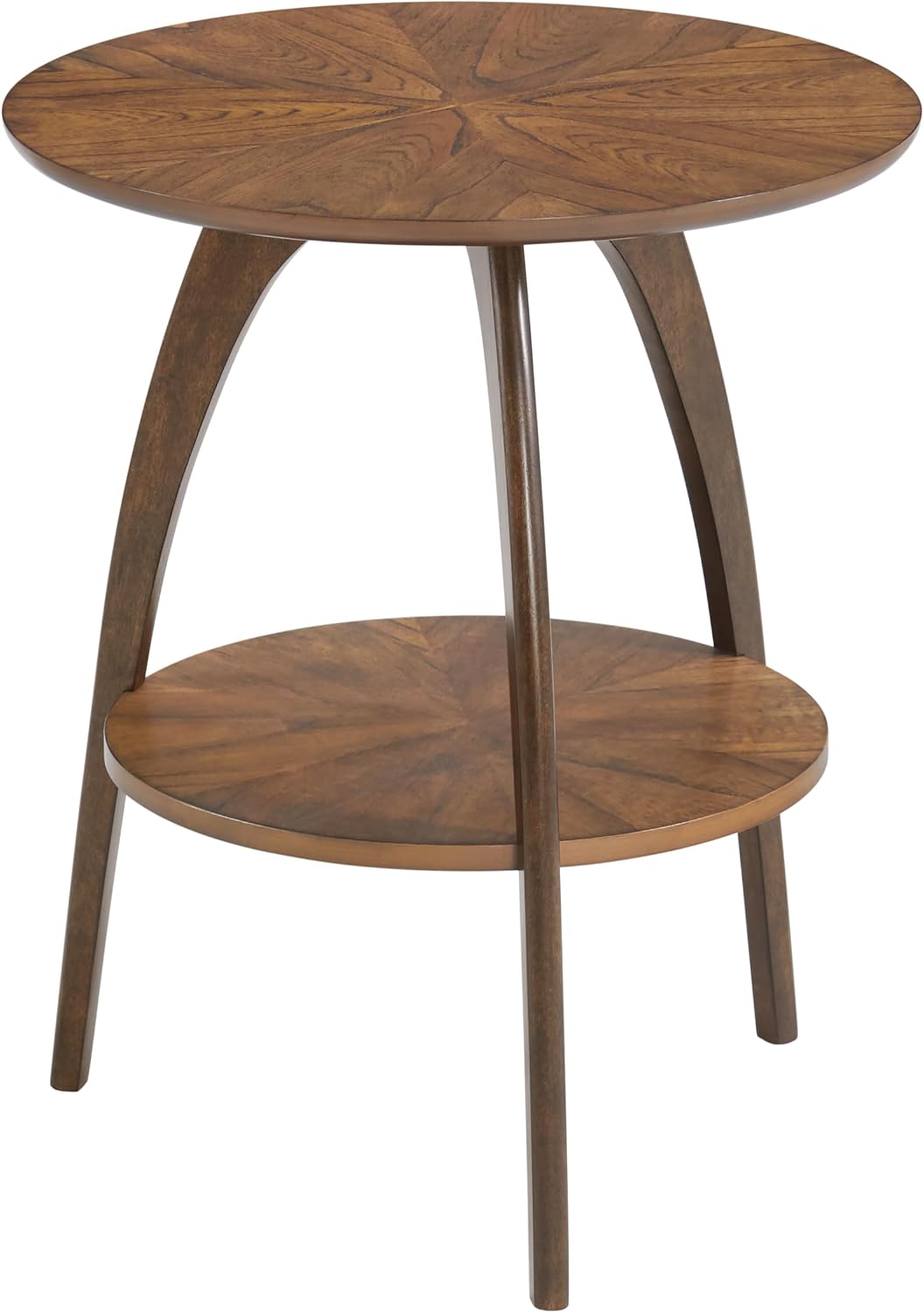 Retro Mid-Century Modern Round Wood End Table, Solid Grain Side Table with Lower Shelf, Small Accent Table for Living Room or Nightstand. Nutmeg Brown Top with Espresso Brown Legs