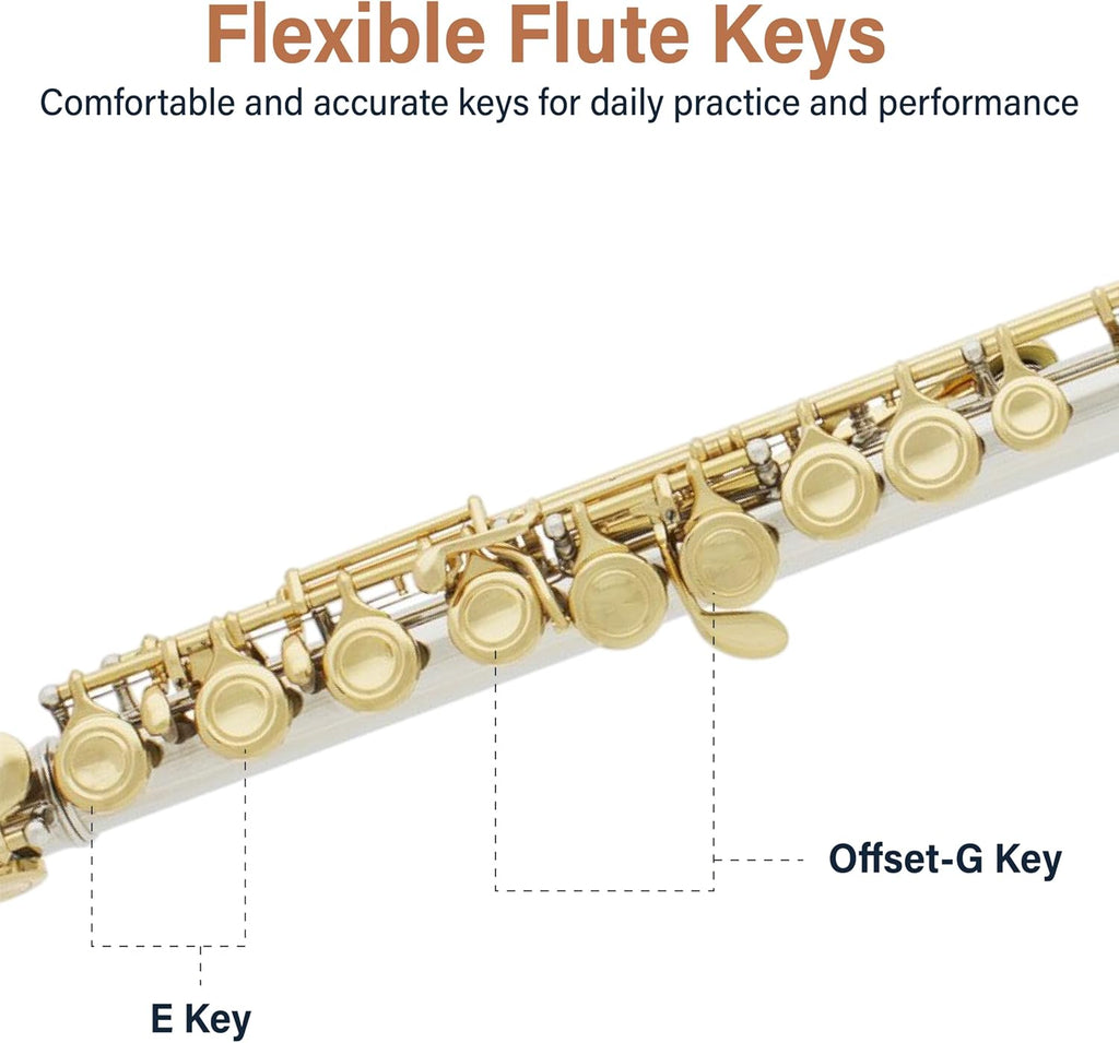 Mendini By Cecilio Flute, 16 Keys Closed Hole C Flute Instrument For Beginners with Carrying Case, Cork Grease, Stand, Lesson Book, Cleaning Kit, Gloves (Gold)